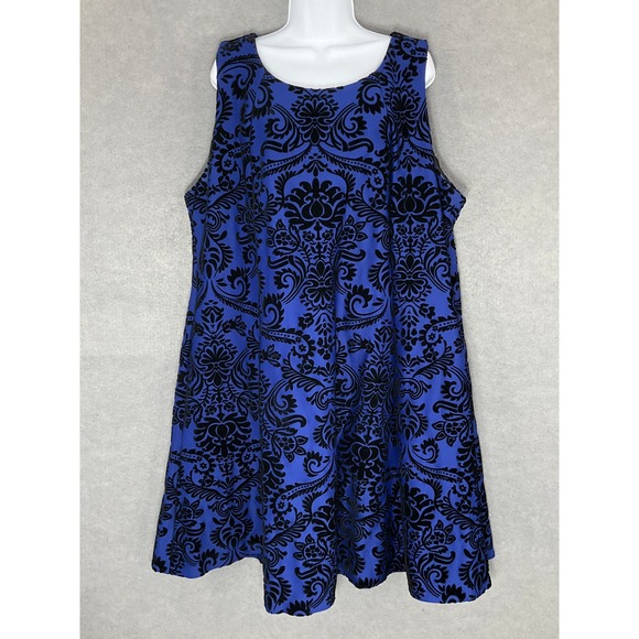 Roz &‎ Ali Dress Sleeveless Party Cocktail Damask Velvet Blue Black Woman Sz 22 - Picture 1 of 13